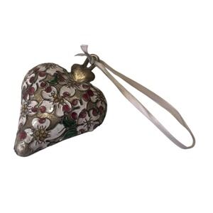 VTG Cloisonne Puffy Enameled Heart Ornament Silver Lavender‎ Pink Flowers  3"